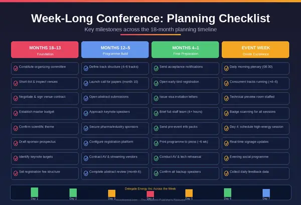 Week-Long Conference Organization: Complete Strategic Planning Guide for 1,200+ Attendees 3 Week-long conference organisation checklist covering Foundation, Programme Build, Final Prep, and Event Week phases