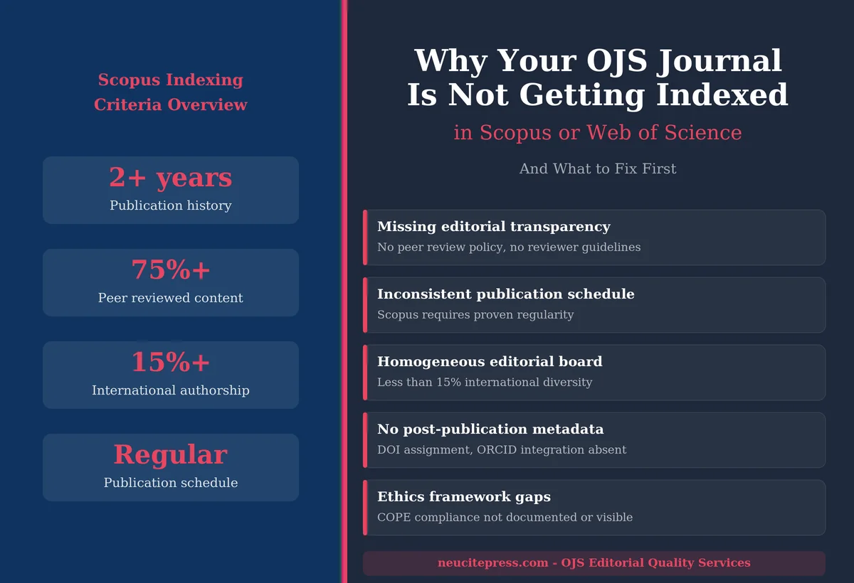 Why Your OJS Journal Isn't Getting Indexed in Scopus or WoS (And What to Fix First) 1 OJS journal Scopus indexing criteria and common gaps