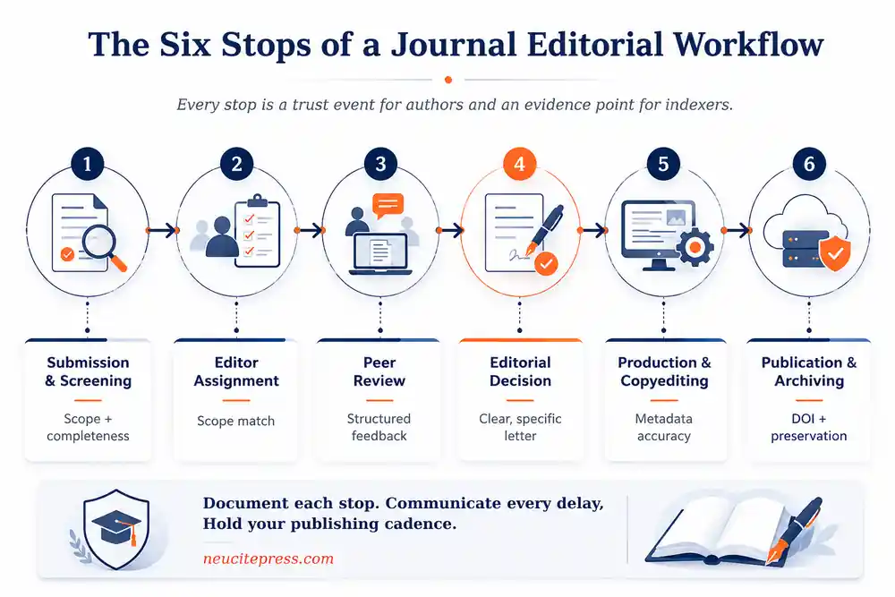 The Hitchhiker's Guide to the Editorial Workflow: How to Earn Author Trust and Indexer Attention 2 The six stops of a journal editorial workflow from submission and screening to publication and archiving