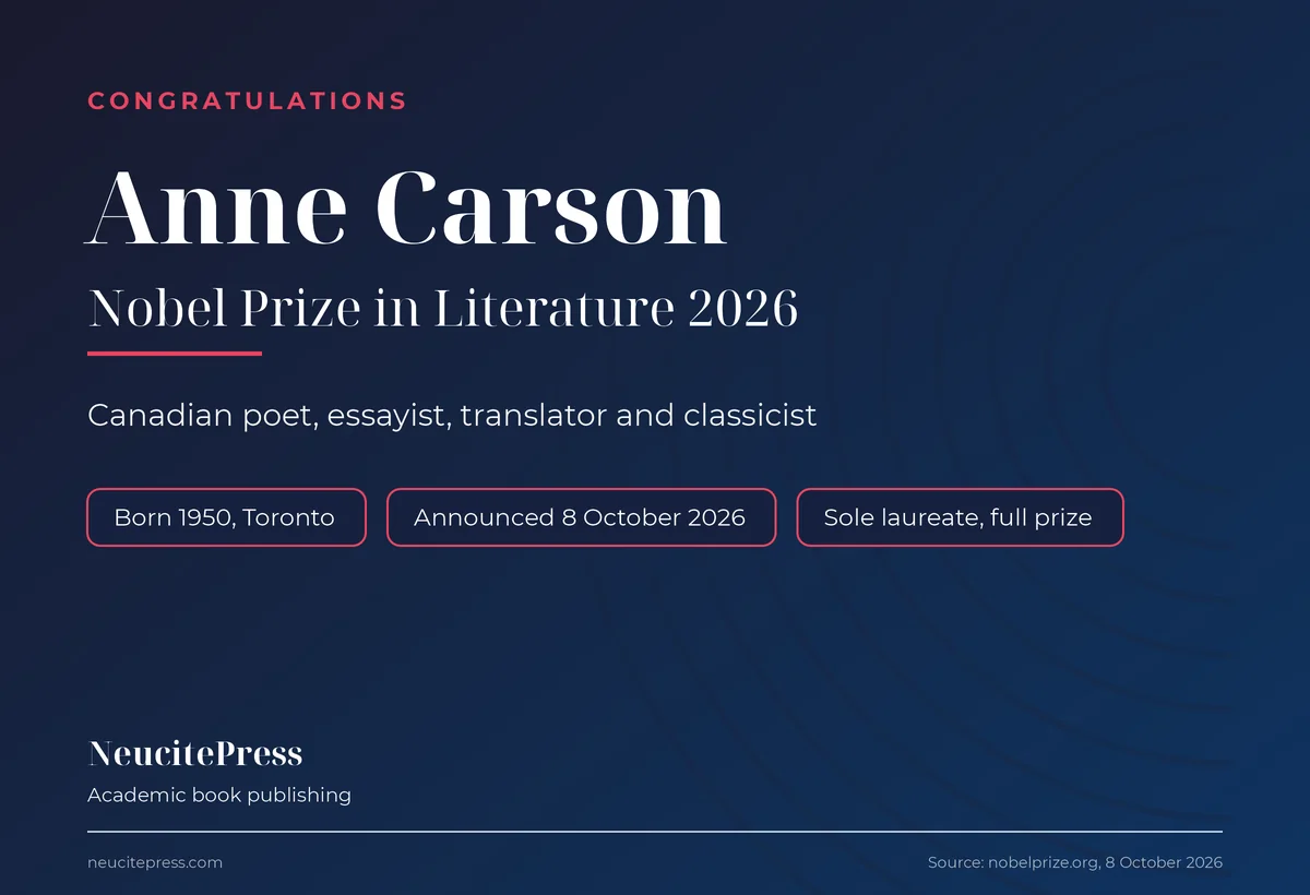 Nobel Prize in Literature 2026 congratulations card for Anne Carson, born 1950 in Toronto, from NeucitePress